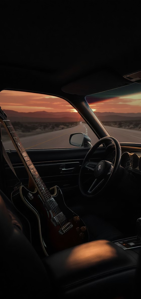 Tour bus interior with guitar at sunset on the open road