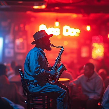 Saxophonist playing in a red-lit blues bar