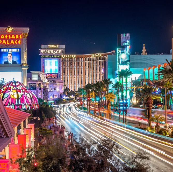 Las Vegas Strip at night with neon casino signs