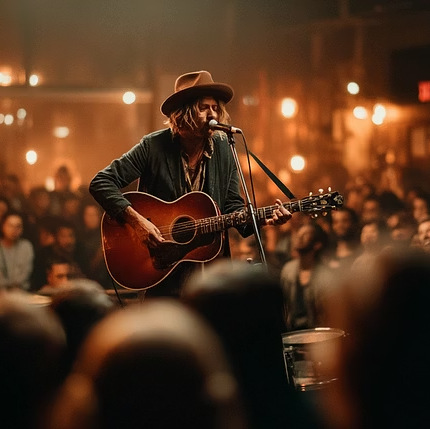 Singer-songwriter performing for an intimate warmly-lit crowd
