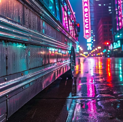 Tour bus on a rain-slicked neon city street at night