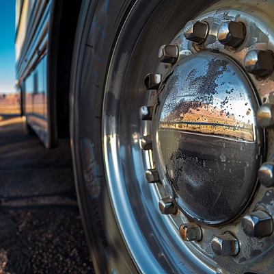 Close-up of a polished tour bus wheel hub