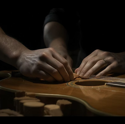 Hands of a luthier crafting an acoustic guitar