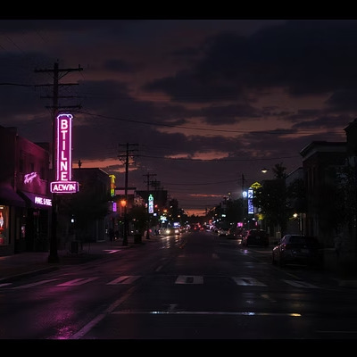 Neon-lit small-town street at dusk