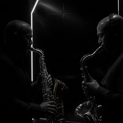 Silhouetted saxophone players in dramatic light
