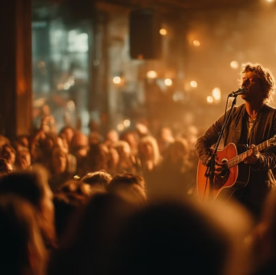 Singer-songwriter performing for an intimate warmly-lit crowd