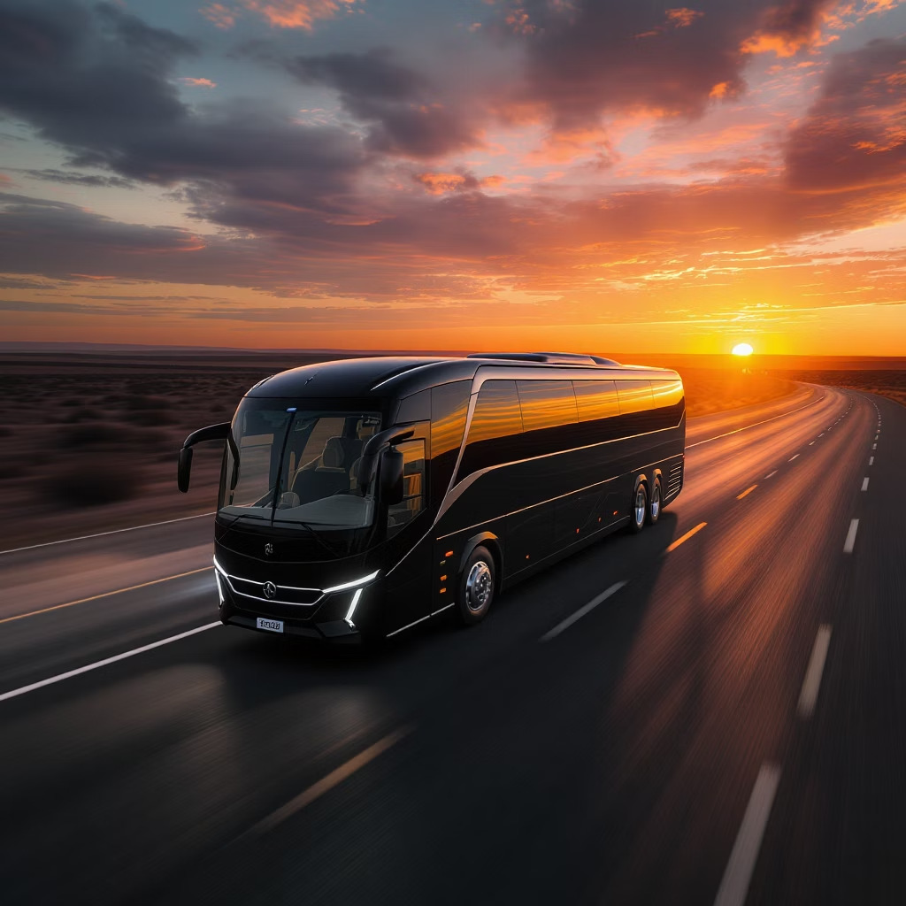 Tour bus on the open highway at sunset