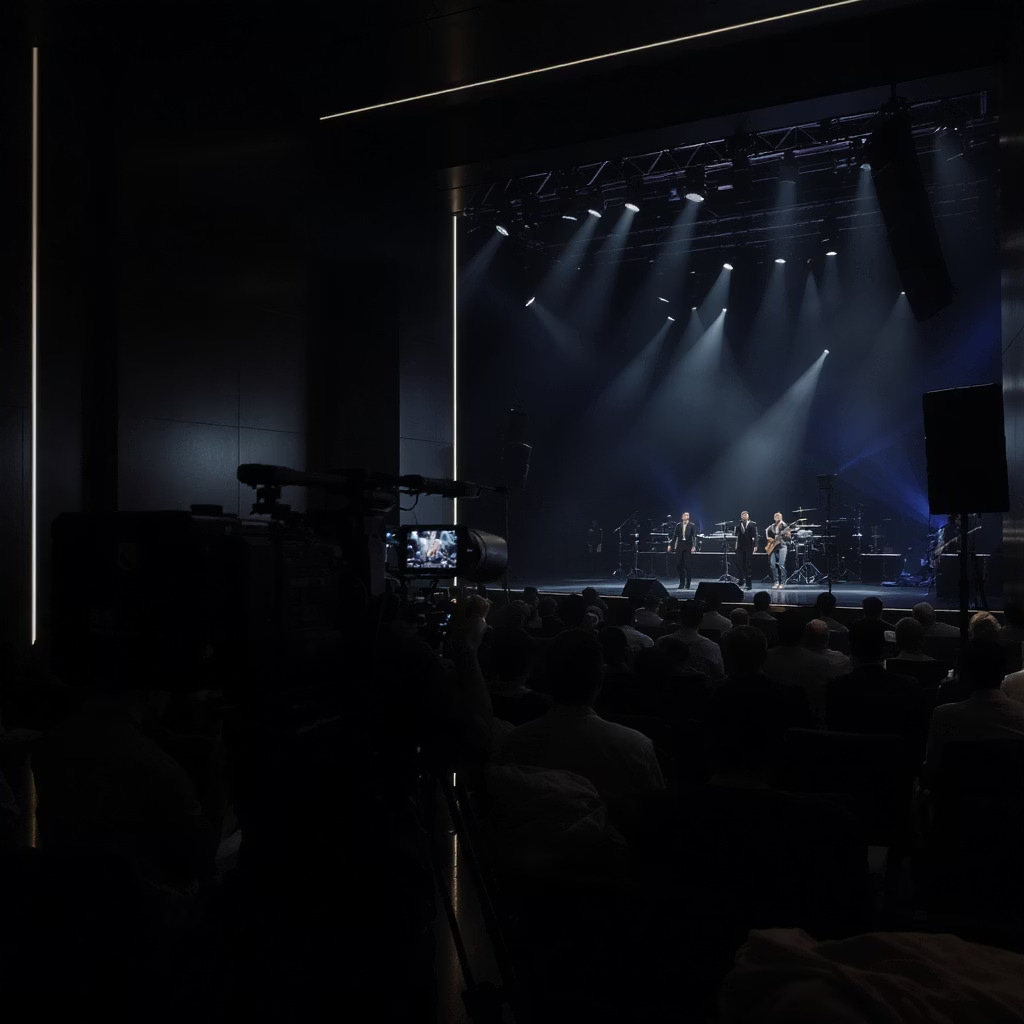 Stage with band performing under spotlights, audience watching