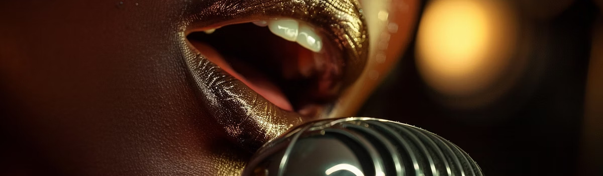 Close-up of vocalist at a stage microphone