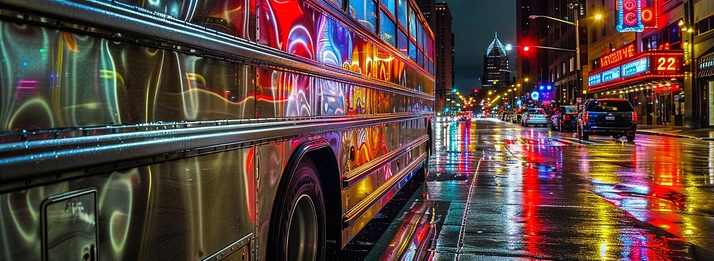 Tour bus on a neon-lit downtown street at night