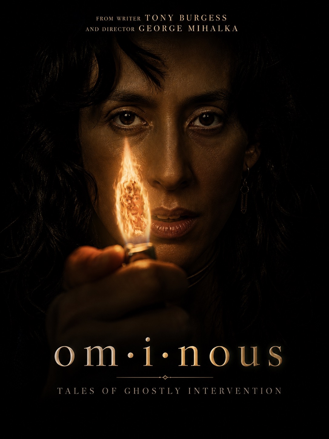 OMINOUS key art — woman with lighter, from writer Tony Burgess and director George Mihalka