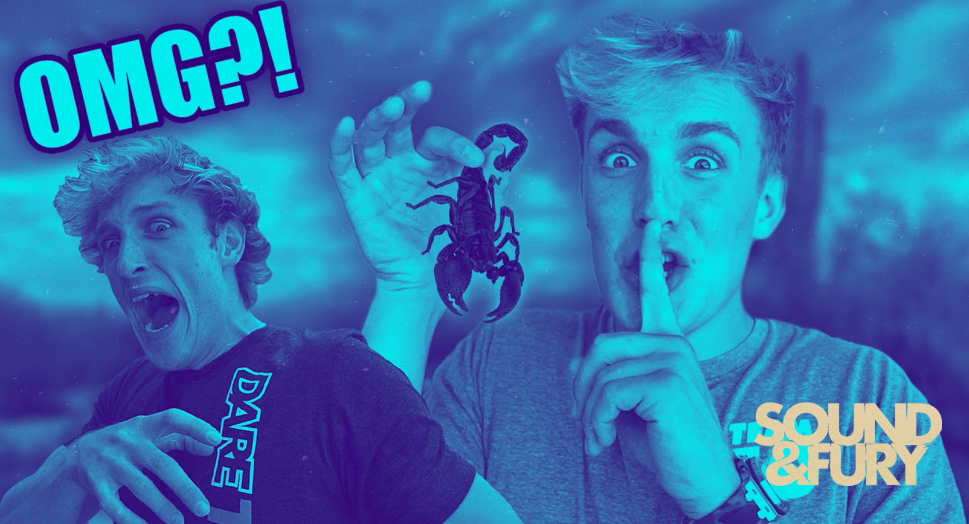Composite influencers reacting in cyan duotone — riff on the social-media reaction economy